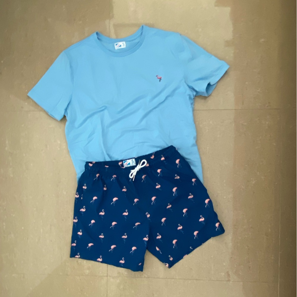 Bermie’s flamingo set tshirt and swim shorts Sz M